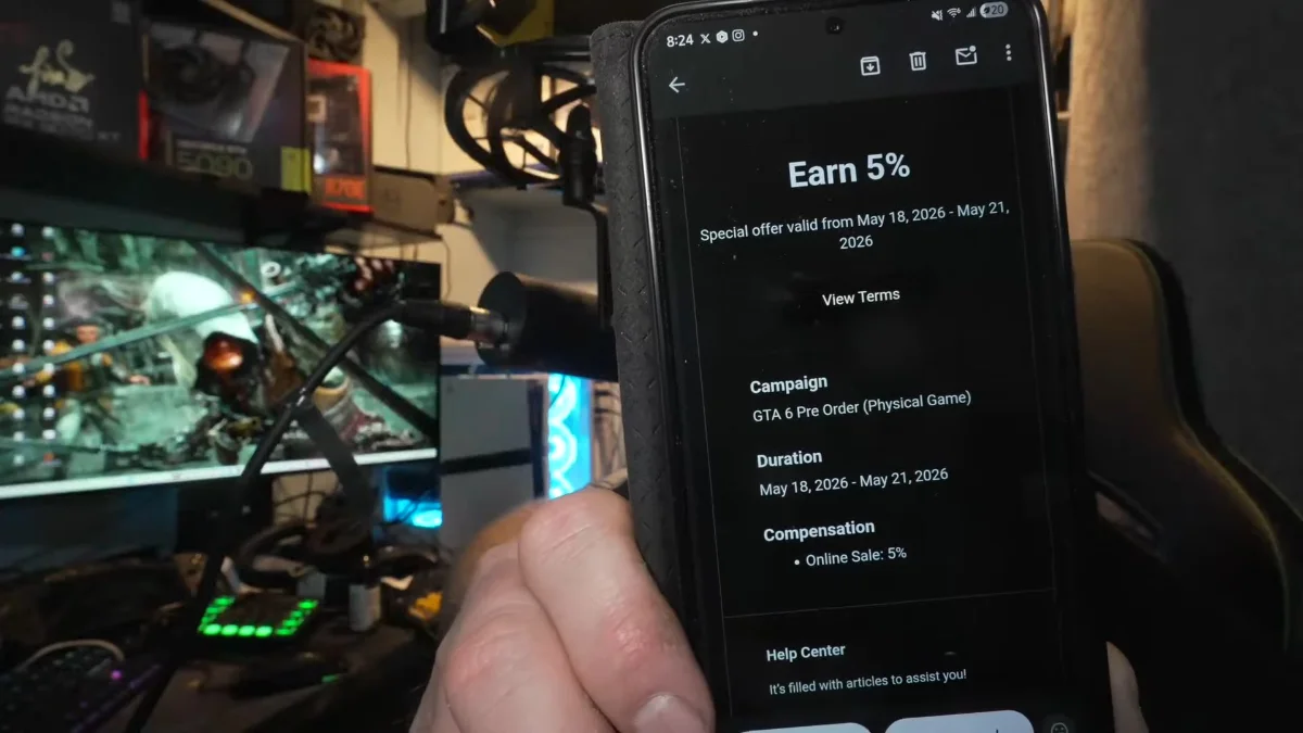 GTA 6 pre-order leak screenshot showing a reported Best Buy affiliate email with May 18 2026 campaign dates on a smartphone screen in a gaming setup