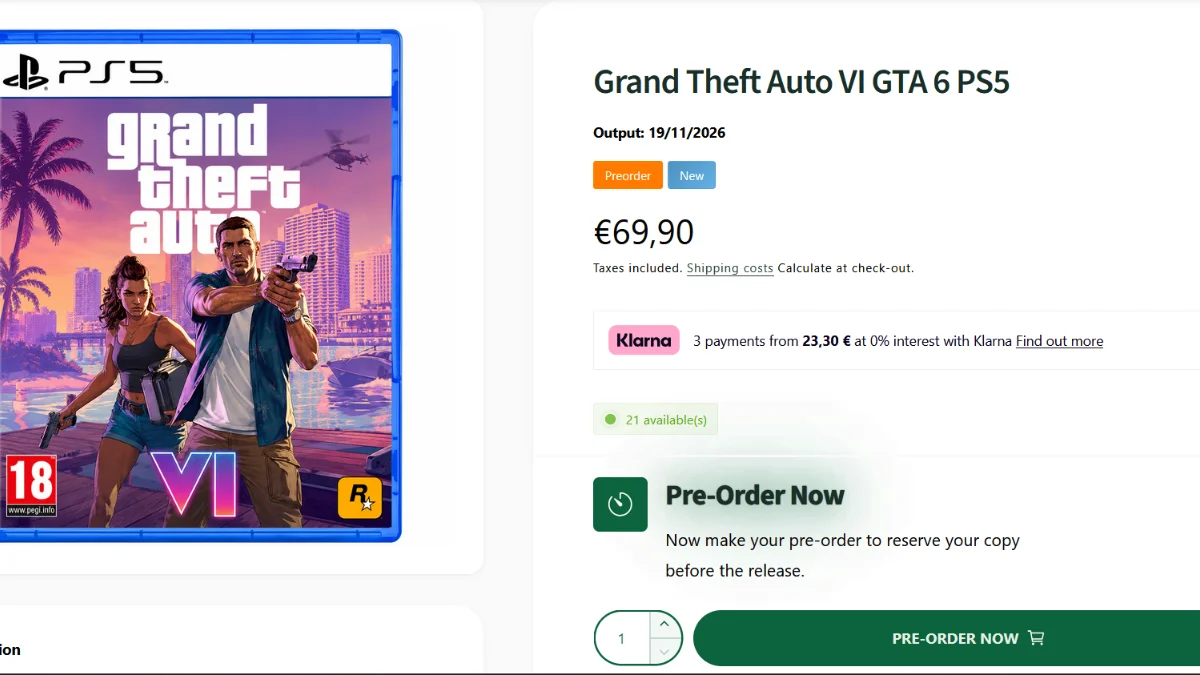 Showgame Italian retailer GTA 6 PS5 preorder listing at €69.90 with November 19 2026 release date and Klarna payment option.