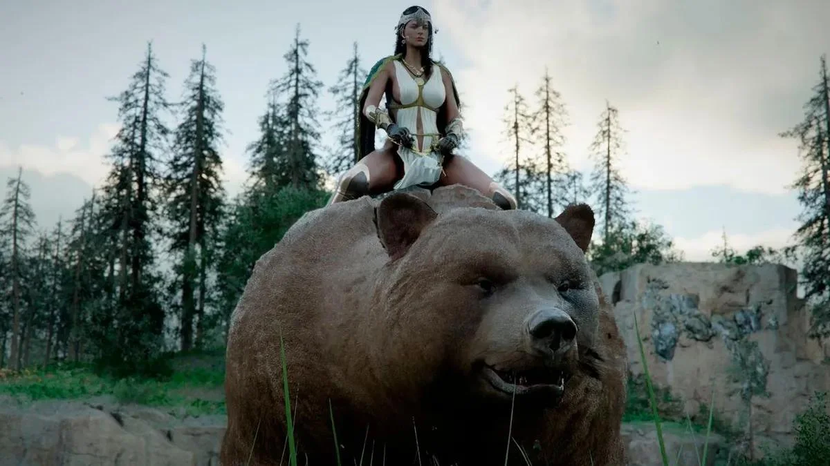 Crimson Desert player character riding a giant bear pet companion, showcasing the expanded pet system and new features in patch 1.11.