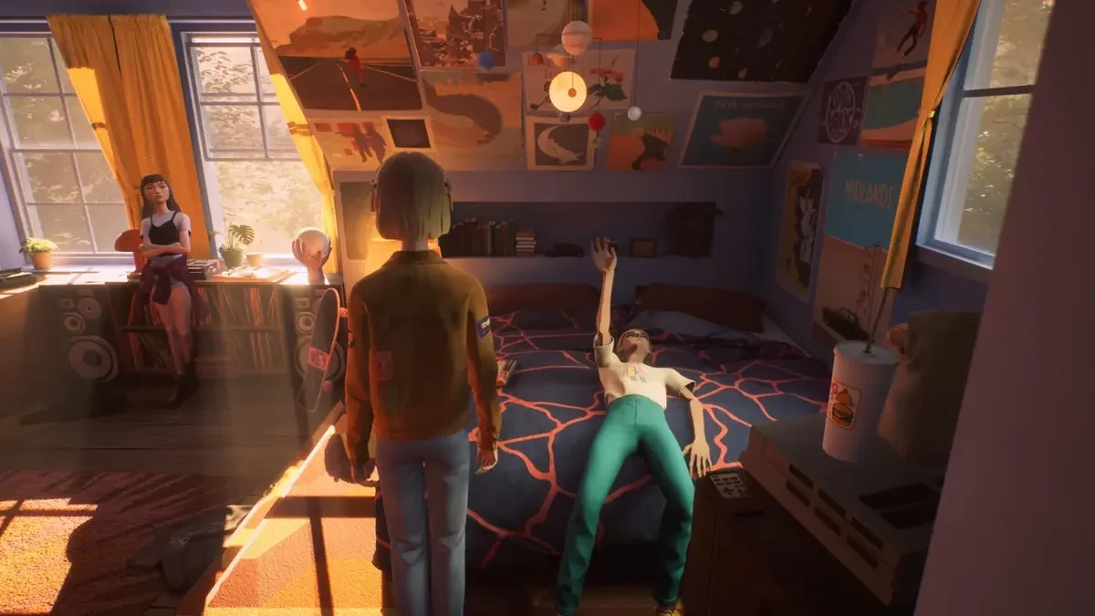 Teenagers explore a warmly lit bedroom filled with posters, CDs, and late-90s nostalgia in Mixtape
