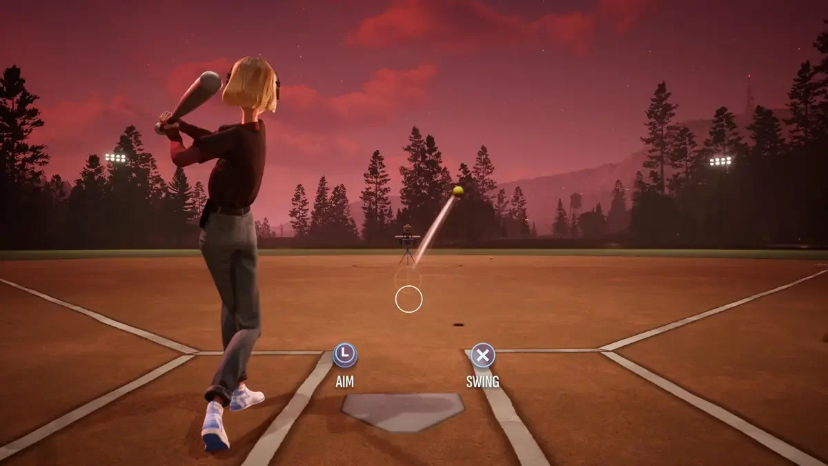 Softball batting minigame in Mixtape during a sunset practice session surrounded by pine trees