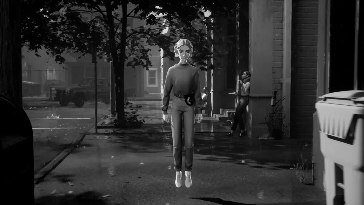 Black-and-white cinematic scene from Mixtape showing a teenager standing alone under a streetlight at night