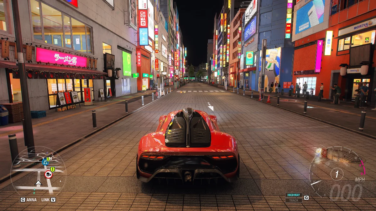 Forza Horizon 6 supercar driving through neon-lit Tokyo streets at night with colorful city lights and wet road reflections